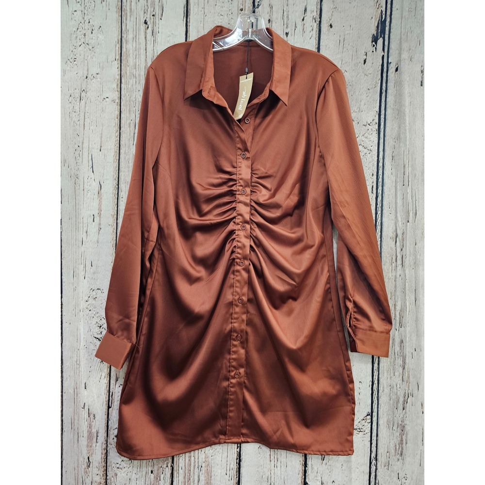Nasty Gal Shirt Dress Womens 10 Chocolate Solid Satin Ruched Front Mini Long Slv